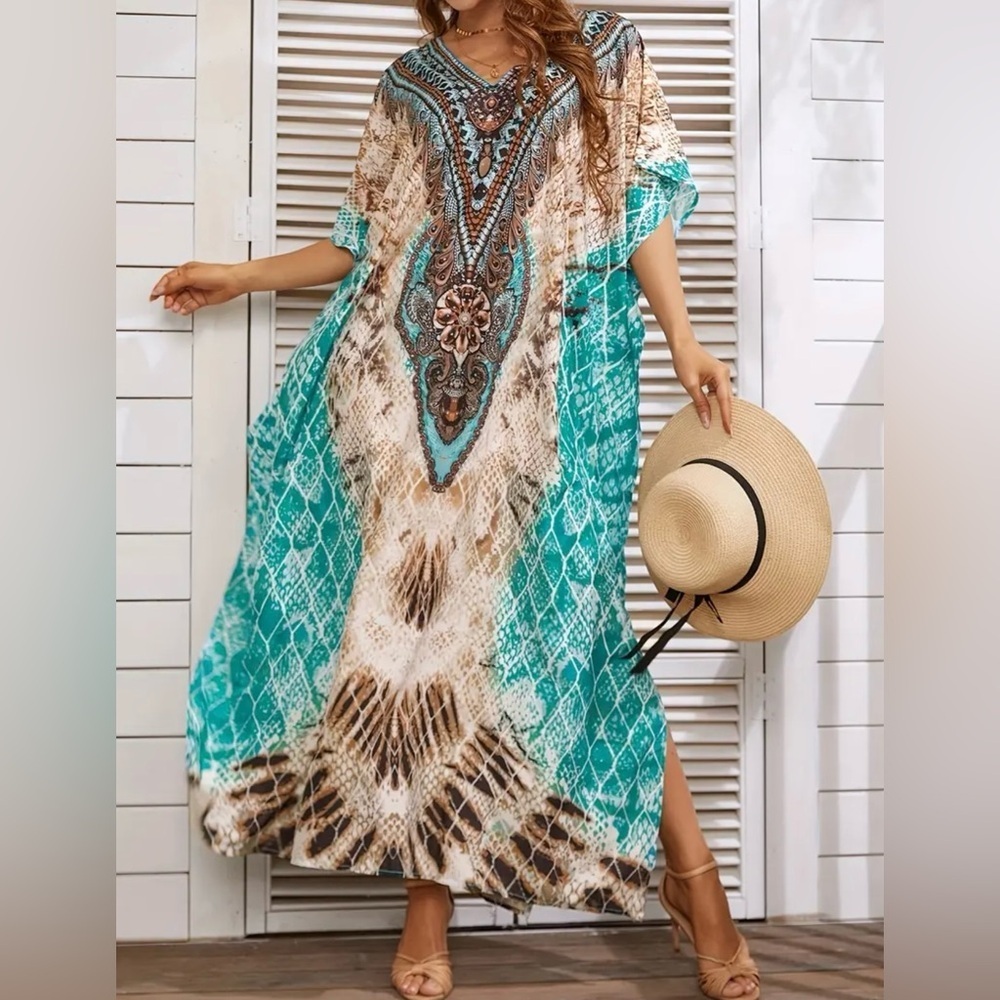 Boho Snake Print Kaftan Cover Up Maxi Dress - Picture 7 of 10
